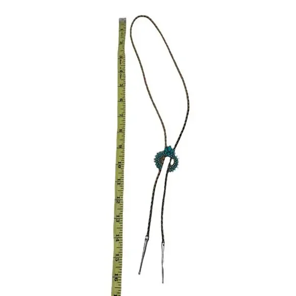 Boho Western Faux Turquoise Bolo Tie Necklace Squash Blossom Brown Tan Rodeo - Picture 5 of 5